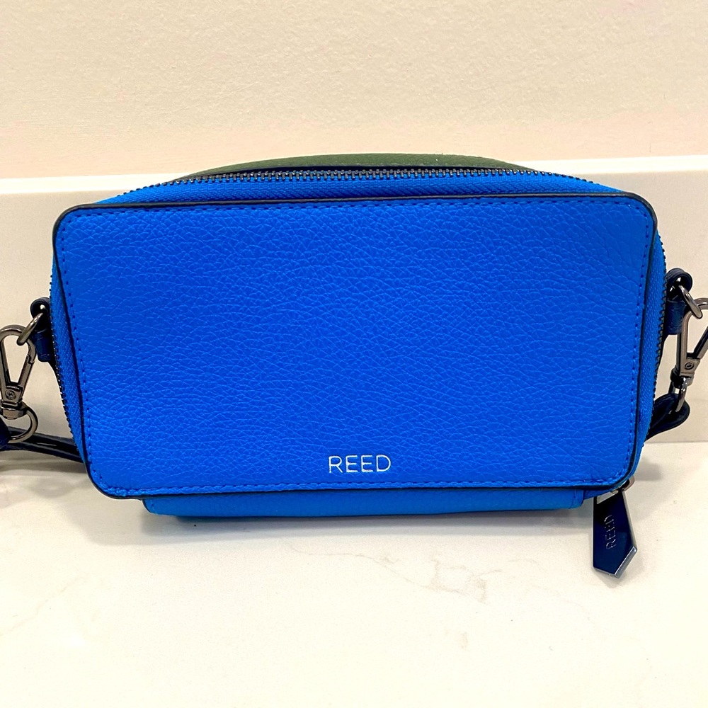 Reed Gallery Blue Green Leather Double Zip Compartment Crossbody Bag !